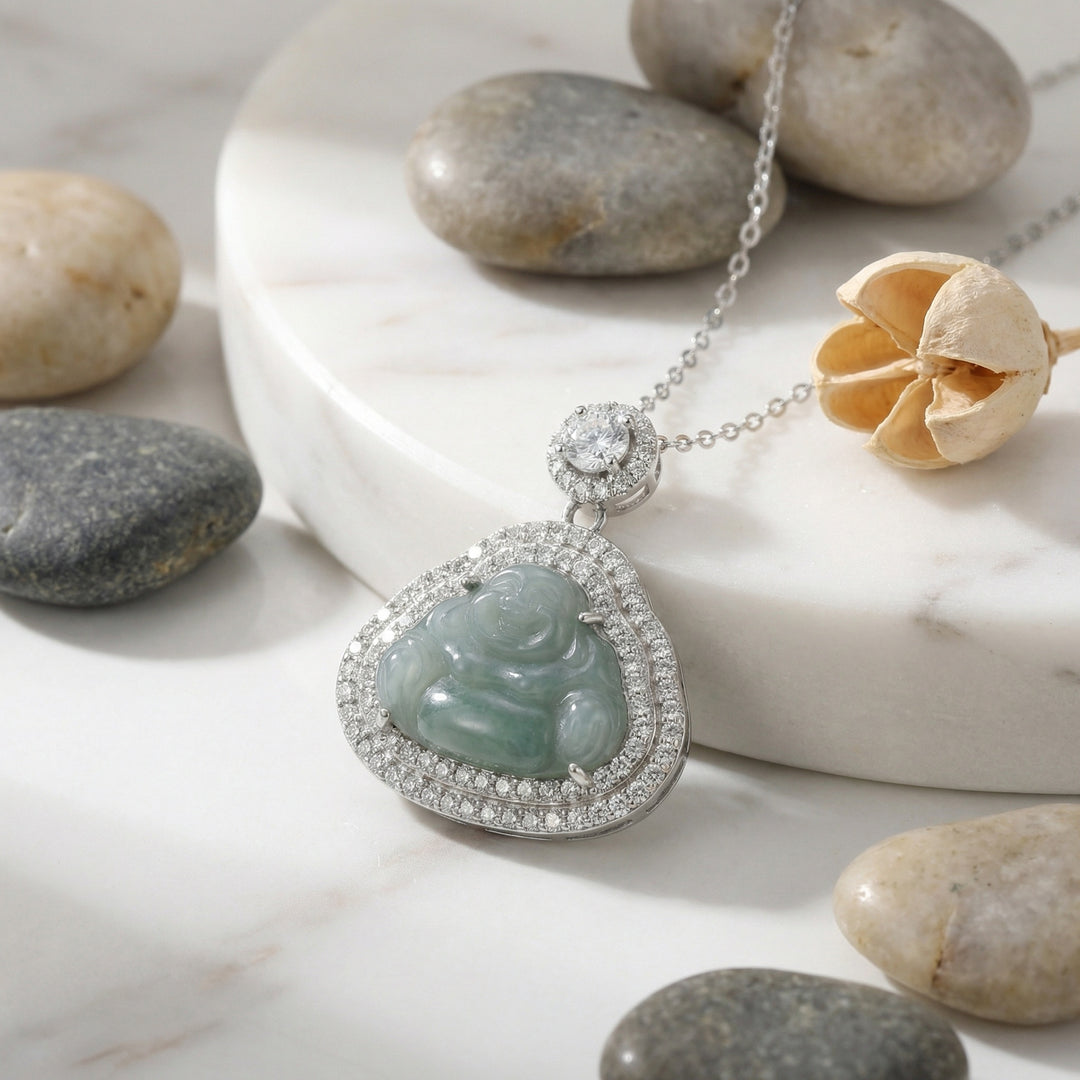 925 Sterling Silver Laughing Buddha Necklace – Green Jade Pendant with Sparkling Accents