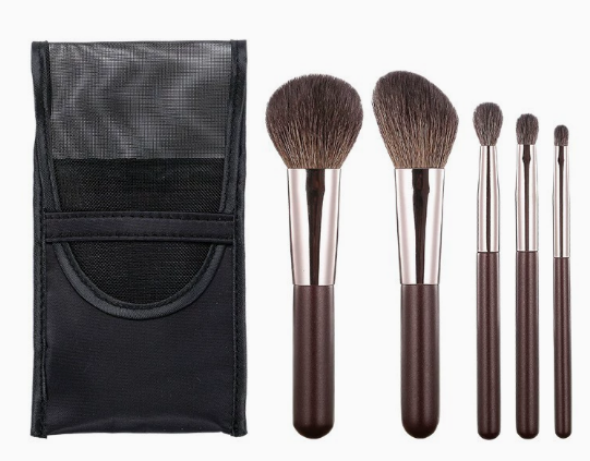 🖌️ Portable 5-Piece Makeup Brush Set – Wool Blend Brushes with Mesh Bag & Aluminum Tube Handles 💄✨