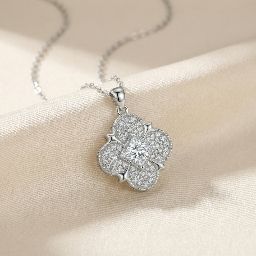 ✨ 925 Sterling Silver Quatrefoil Floral Pendant Necklace with Princess Cut Center Stone ✨