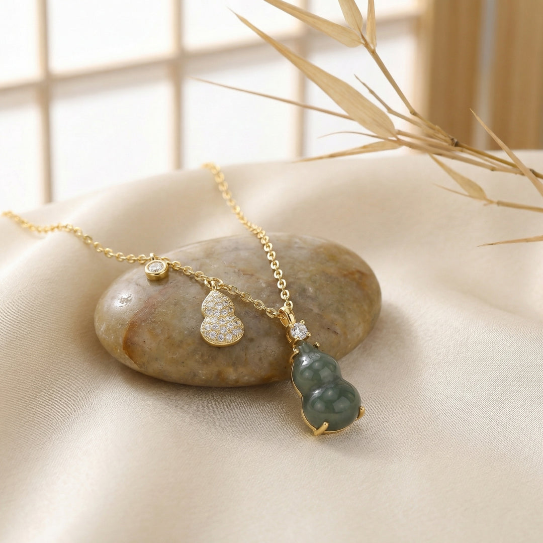 ✨ 925 Sterling Silver Elegant Jadeite Gourd Necklace with Pavé Accents & Sparkling Charms ✨