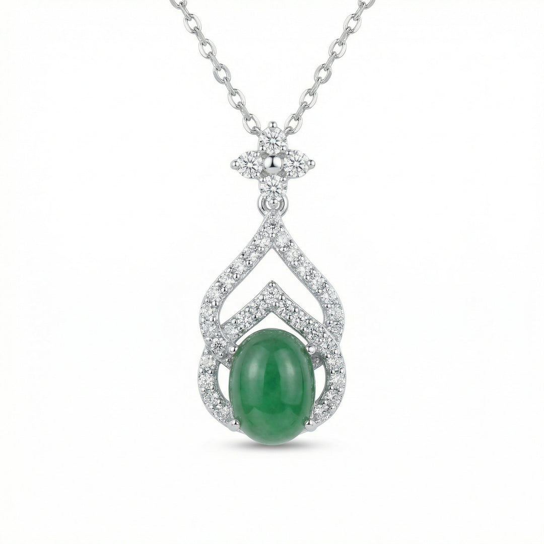 925 Sterling Silver Green Jadeite Teardrop Necklace – Diamond Halo Cabochon Pendant