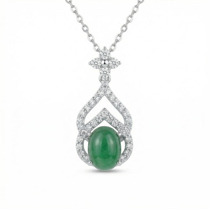 925 Sterling Silver Green Jadeite Teardrop Necklace – Diamond Halo Cabochon Pendant