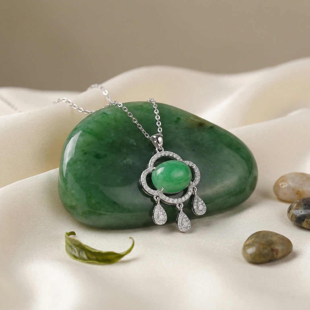 ✨ 925 Sterling Silver Elegant Green Jade Ruyi Pendant Necklace with Diamond Accents and Teardrop Charms ✨