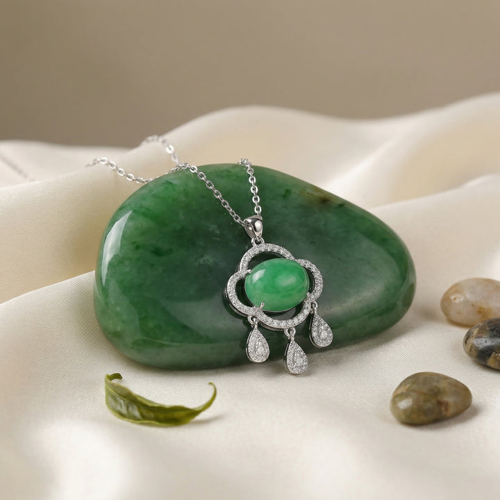 ✨ 925 Sterling Silver Elegant Green Jade Ruyi Pendant Necklace with Diamond Accents and Teardrop Charms ✨