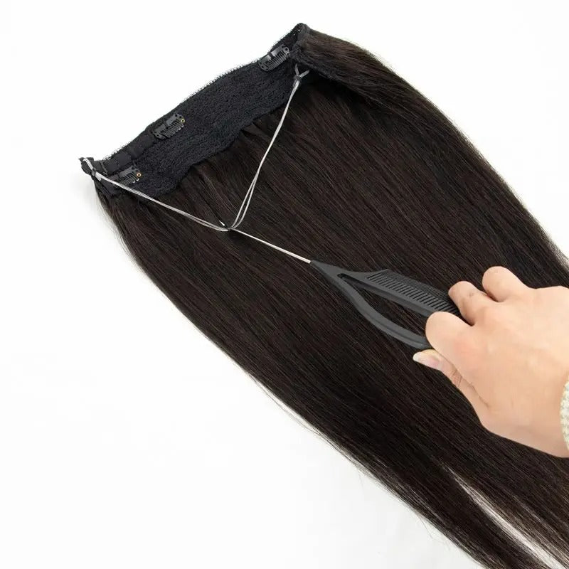 Fish Line Wire Hair Extensions - Invisible Clip-in Human Hair Extensions with 4 Clips. Made from real natural hair, available in lengths of 12-24 inches.
