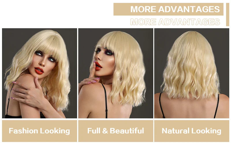Short curly wavy bob wig with bangs in natural black color, perfect for Halloween cosplay. Made of synthetic material, shoulder-length.