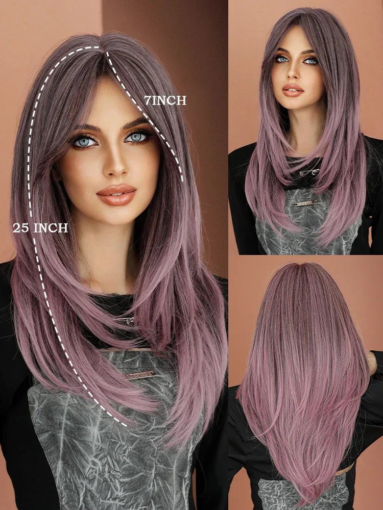 Blonde ombre layered wig with curtain bangs for women. High density heat resistant synthetic hair in dark brown.