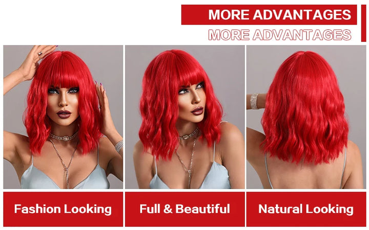 Ginger Orange Wig - Short Curly Wavy Bob Wig for Women with Bangs, Shoulder Length Synthetic Colored Halloween Cosplay Copper Hair.