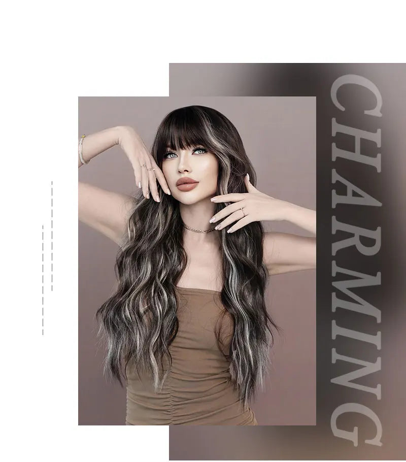 Brown wig with bangs, long wavy style with mixed blonde highlights. Made from natural curly synthetic fiber, resistant to heat. Perfect for daily use by women.