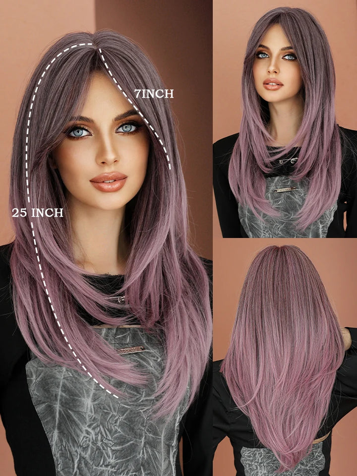 Blonde ombre layered wig with curtain bangs for women. High density heat resistant synthetic hair in dark brown.