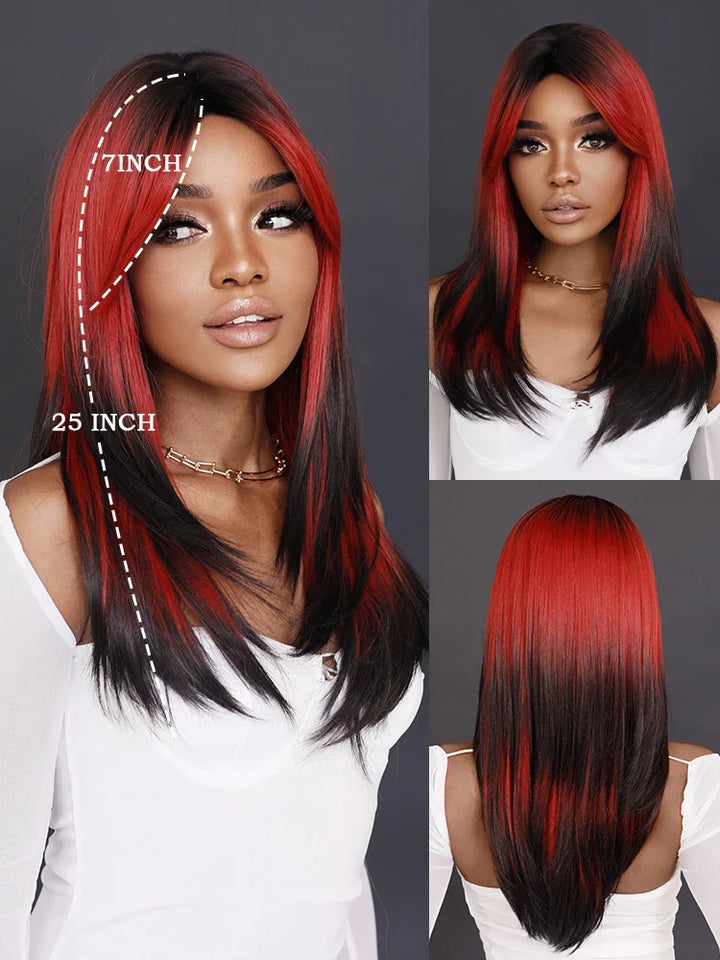 Blonde ombre layered wig with curtain bangs for women. High density heat resistant synthetic hair in dark brown.