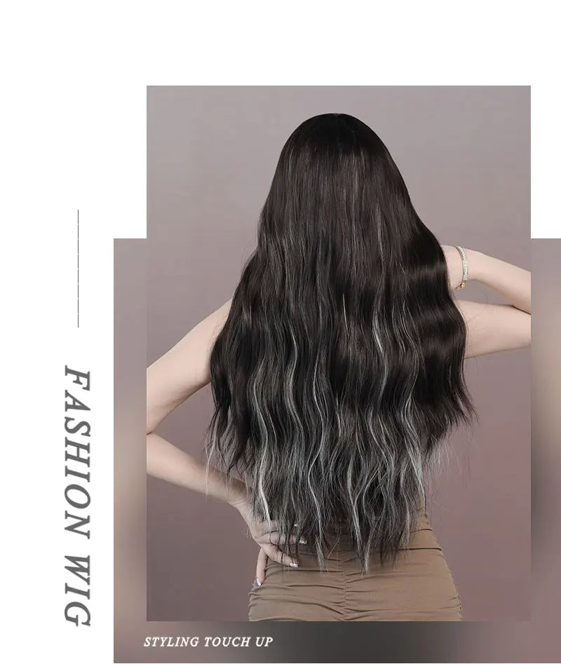 Brown wig with bangs, long wavy style with mixed blonde highlights. Made from natural curly synthetic fiber, resistant to heat. Perfect for daily use by women.