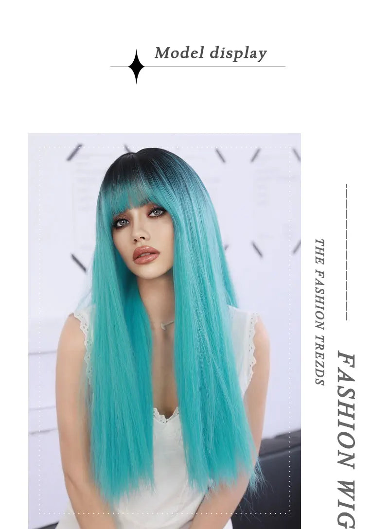 Turquoise Ombre Synthetic Wig with Bangs - Heat Resistant, Bluish Green with Black Roots for a Natural Look.
