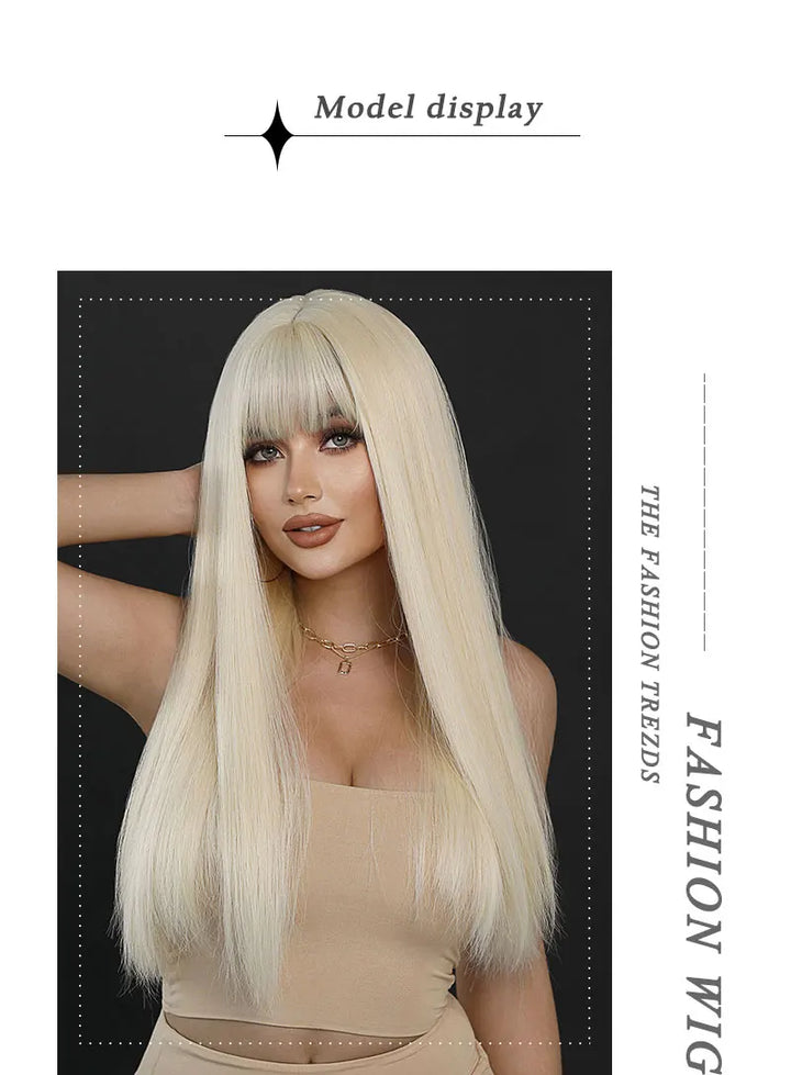 Long Straight Ombre Blonde Synthetic Hair With Bangs for Women Heat Resistant Fiber Wig Hot Selling 28 Inch.