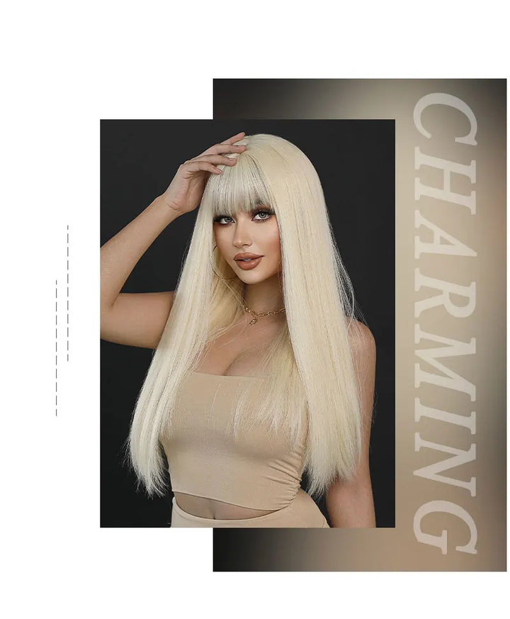 Long Straight Ombre Blonde Synthetic Hair With Bangs for Women Heat Resistant Fiber Wig Hot Selling 28 Inch.