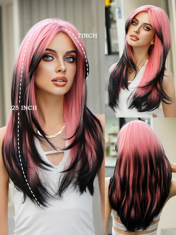 Blonde ombre layered wig with curtain bangs for women. High density heat resistant synthetic hair in dark brown.