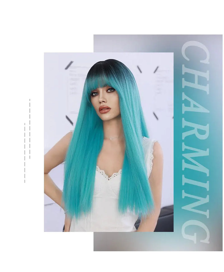 Turquoise Ombre Synthetic Wig with Bangs - Heat Resistant, Bluish Green with Black Roots for a Natural Look.