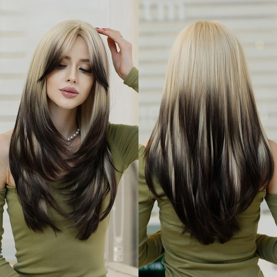 Honey Blonde Wig with Bangs - Long Brown Wigs for Women, Layered Heat Resistant Synthetic Wigs. Perfect for a natural look!