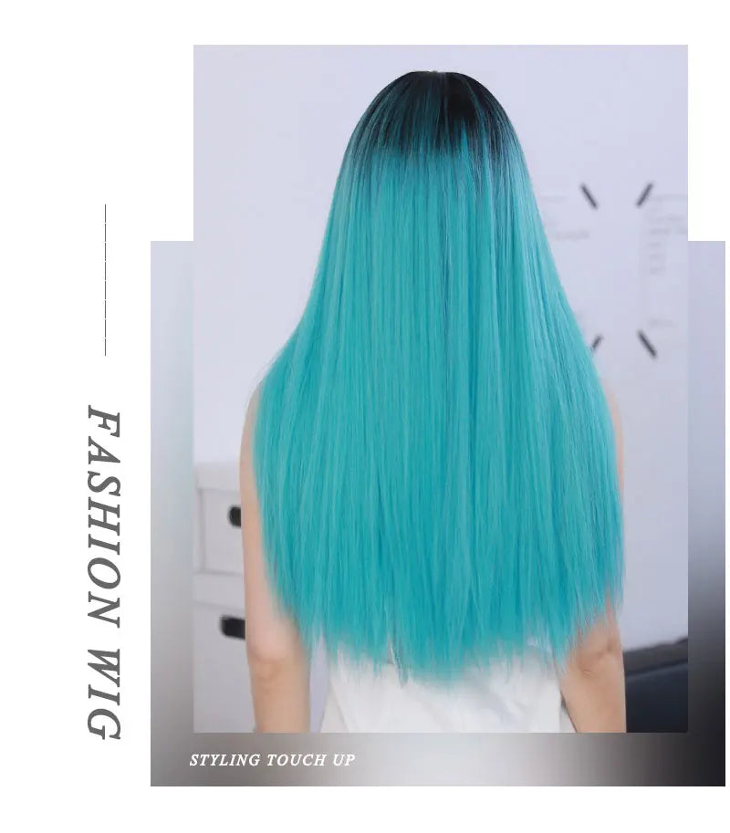 Turquoise Ombre Synthetic Wig with Bangs - Heat Resistant, Bluish Green with Black Roots for a Natural Look.