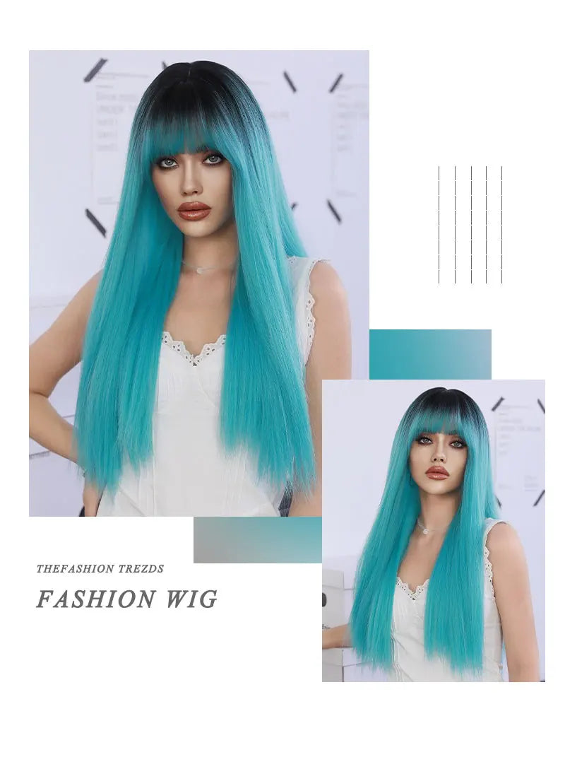 Turquoise Ombre Synthetic Wig with Bangs - Heat Resistant, Bluish Green with Black Roots for a Natural Look.
