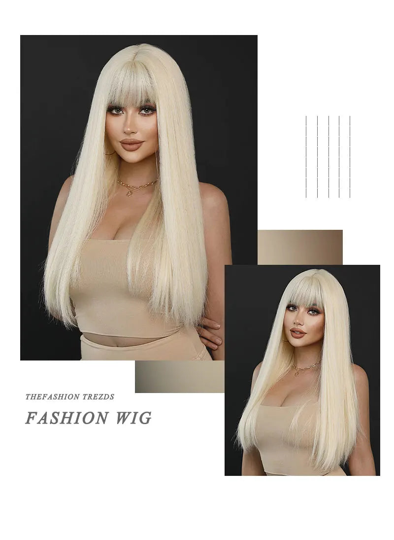 Long Straight Ombre Blonde Synthetic Hair With Bangs for Women Heat Resistant Fiber Wig Hot Selling 28 Inch.