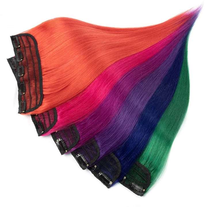 16" One-Piece Clip-In Human Hair Extension – 5-Clip Double Weft, Straight, Fancy Color Options