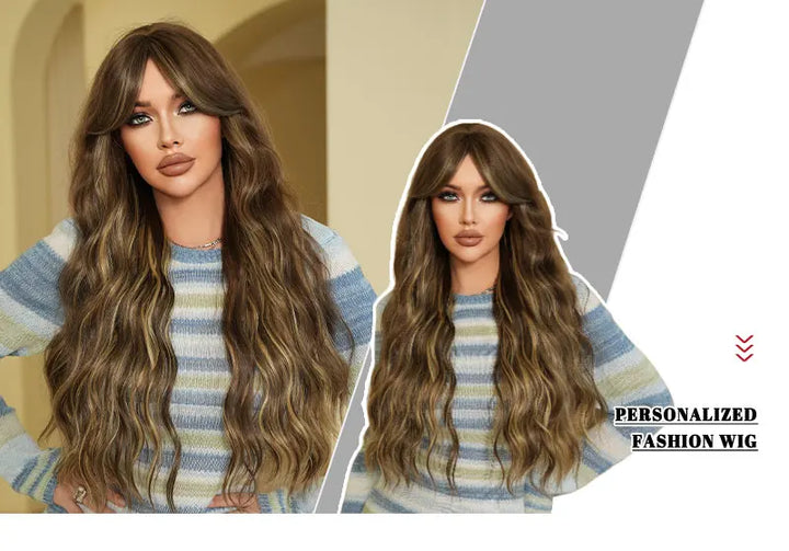 32 Inches Extra Long Honey Blond Middle Parting Wig with Bangs. This synthetic water wave wig is glueless with a natural hairline and matte hair finish.
