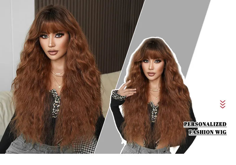 Ombre Brown Water Wavy Wig with Bang for Woman 32 Inch Synthetic Glueless Wig Natural Matte Hair