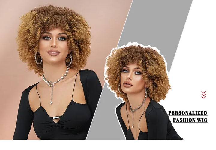 16" Curly Afro Wig with Bangs for Black Women. Kinky curly synthetic wig in ombre brown blonde.