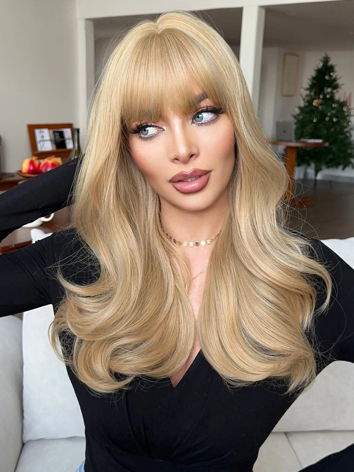 26 Inch Long Blond Curly Hair Wig with Bangs Synthetic Matte Hair Wig for Women.