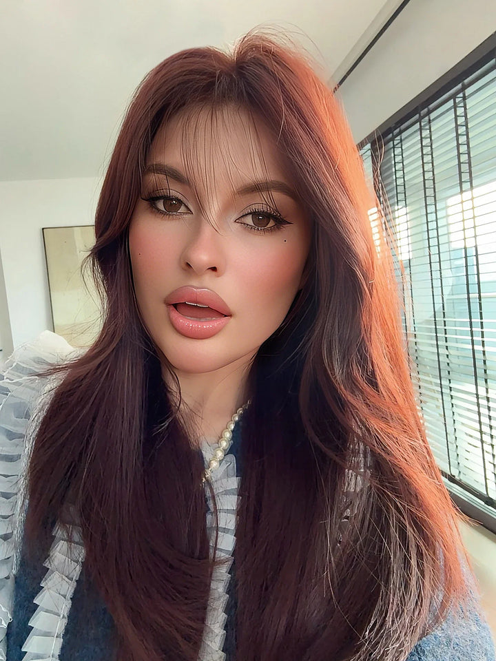 Monotop U Lace Long Straight Layered Wig for Women 26 Inches Light Brown Synthetic Wig with Natural Hairline