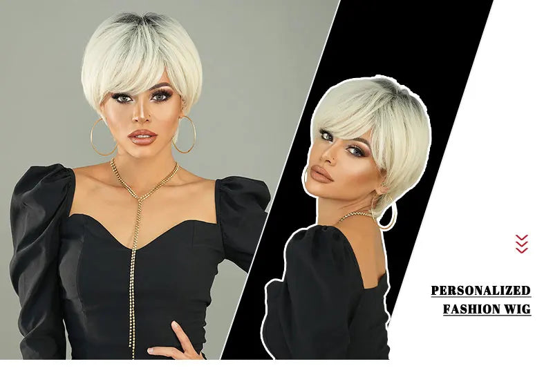10 Inch Short Pixie Cut Hair Wigs for Women in Platinum Blonde. Layered Synthetic Ombre White Hair Wig for White Women.