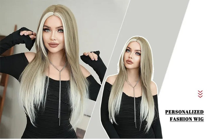 Synthetic hair wig with long straight hair, bangs, middle part, and highlight gray color. Perfect for women, cosplay, and drag queens.