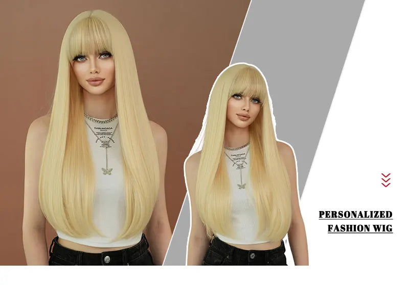 High-quality long straight blonde synthetic hair with bangs for women. Heat-resistant fiber wig, hot selling 28 inches.