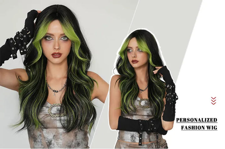 Black Green Synthetic Hair Skunk Stripe Long Wavy Wig, 26 Inch, Heat Resistant Fiber, Wholesale, Natural Matt.