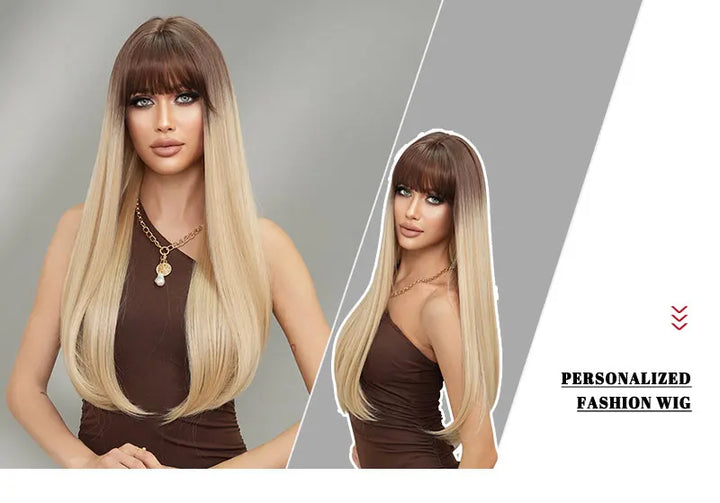 Long Straight Ombre Blonde Synthetic Hair With Bangs for Women Heat Resistant Fiber Wig Hot Selling 28 Inch.