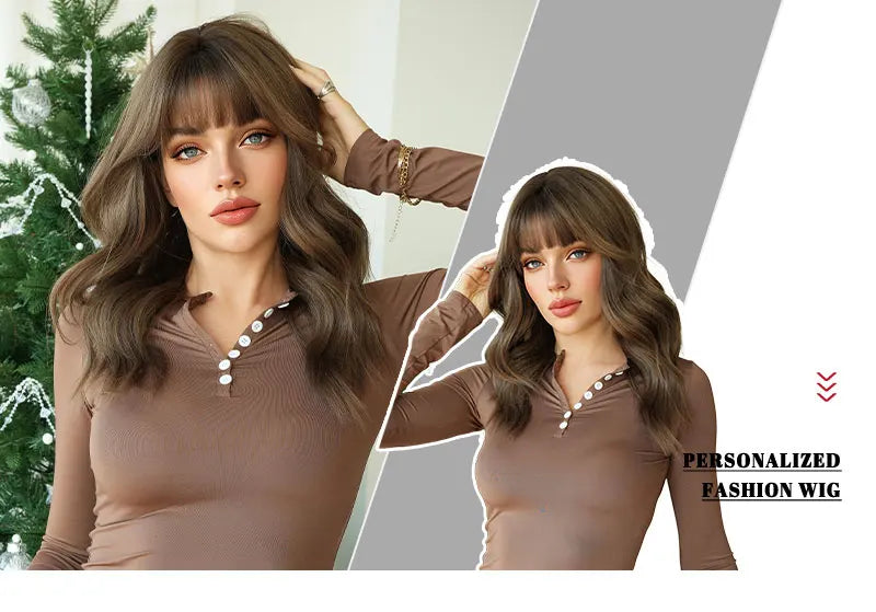 22" Curly Brown Synthetic Hair Wig, Shoulder Length, Water Wavy, Heat Resistant Fiber, Natural Look, Matt Finish.
