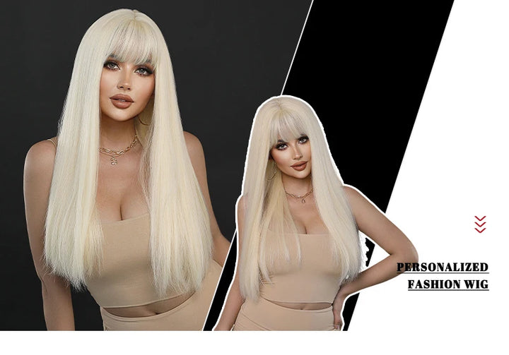 Long Straight Ombre Blonde Synthetic Hair With Bangs for Women Heat Resistant Fiber Wig Hot Selling 28 Inch.