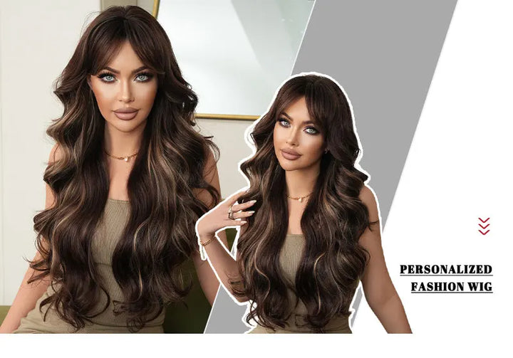 30-inch long curly highlighted brown synthetic hair wig. Made from heat-resistant fiber for a natural matte finish. Peluca.