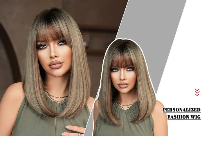 16" Ombre Brown Shoulder Length Straight Synthetic Heat Resistant Wig for Women with Natural Hairline. Matte finish.