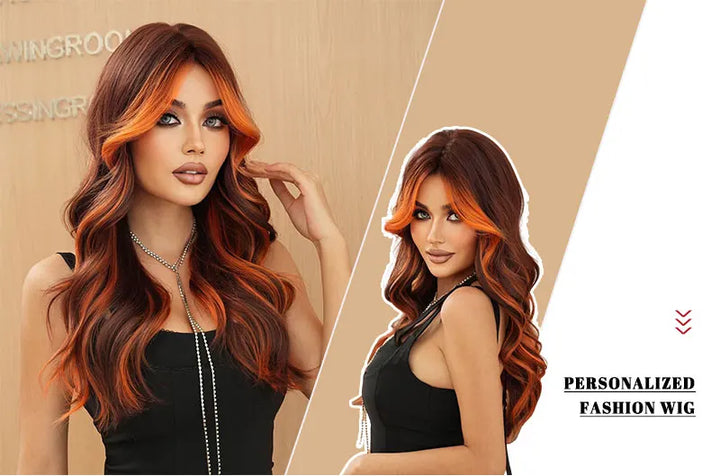 Ginger Orange Wig with Highlights - Synthetic Hair Wig with Brown Skunk Stripe, Long Wavy Style, Heat Resistant Fiber.