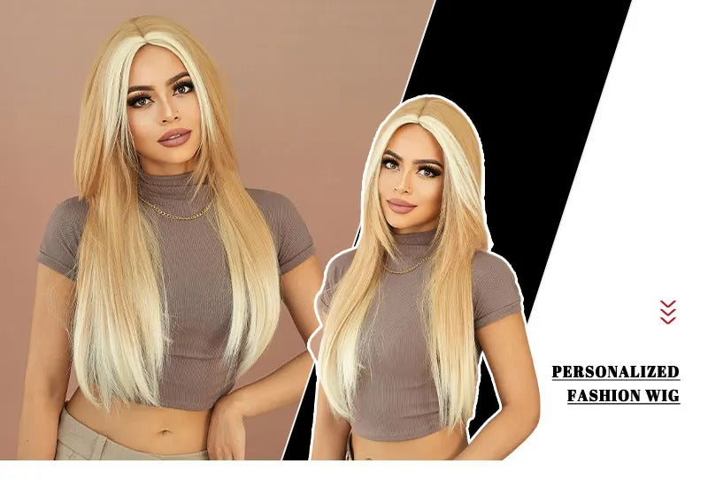 Synthetic hair wig with long straight hair, bangs, middle part, and highlight gray color. Perfect for women, cosplay, and drag queens.