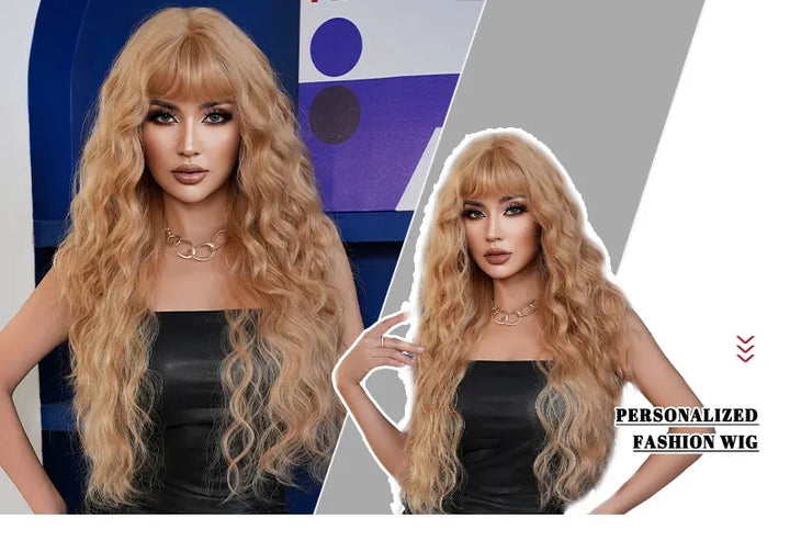 Extra Long Blonde Water Wavy Wig with Bang for Women - 32 Inch Synthetic Glueless Wig with Natural Matte Hair