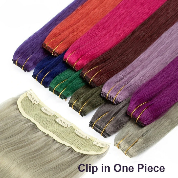 16" One-Piece Clip-In Human Hair Extension – 5-Clip Double Weft, Straight, Fancy Color Options