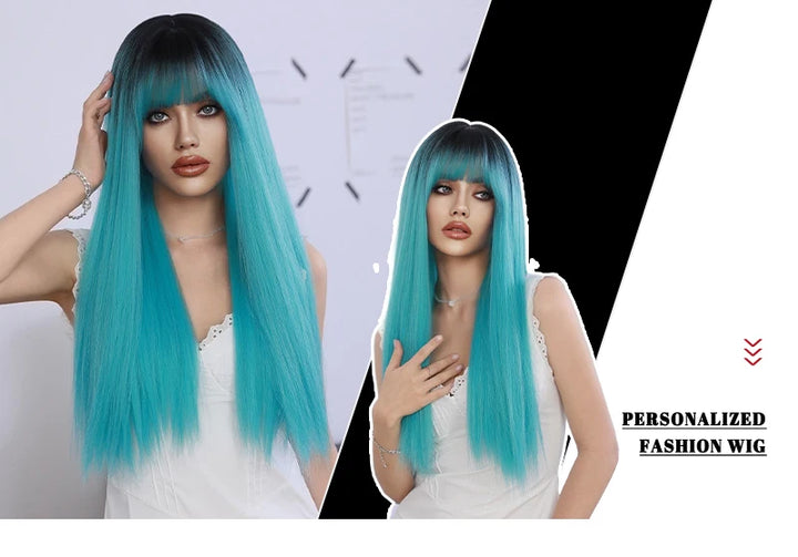 Turquoise Ombre Synthetic Wig with Bangs - Heat Resistant, Bluish Green with Black Roots for a Natural Look.
