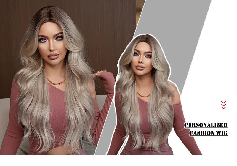 30-Inch Ombre Platinum Blonde Long Curls Synthetic Heat-Resistant Wig for Women Natural Hair Slit Matte White Hair Wigs Peluca#