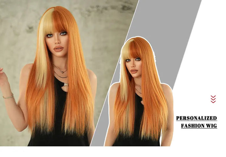Orange Blonde Long Straight Wig with Bangs Synthetic Cruella De Vil Costume Hair Wig for Women Cosplay Anime Party Halloween.