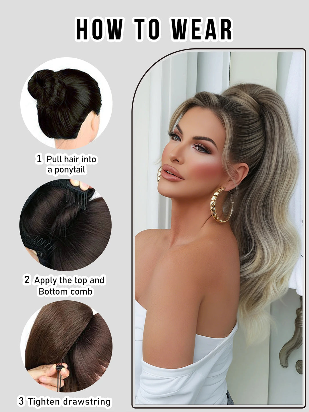 Madeline Brown 28-Inch Curly Synthetic Hair Wig with Steel Prongs Gold Adjustable Size Ponytail Black with Gold Adjustable Size