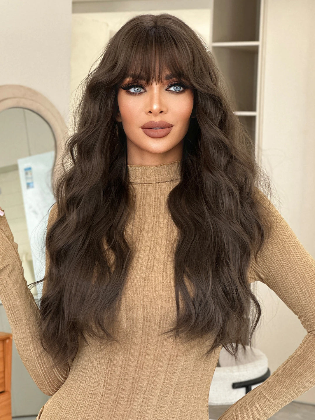 30-inch Extra Long Brown Curly Hair with Bangs Synthetic Matte Hair Wig for Women Heat Resistant