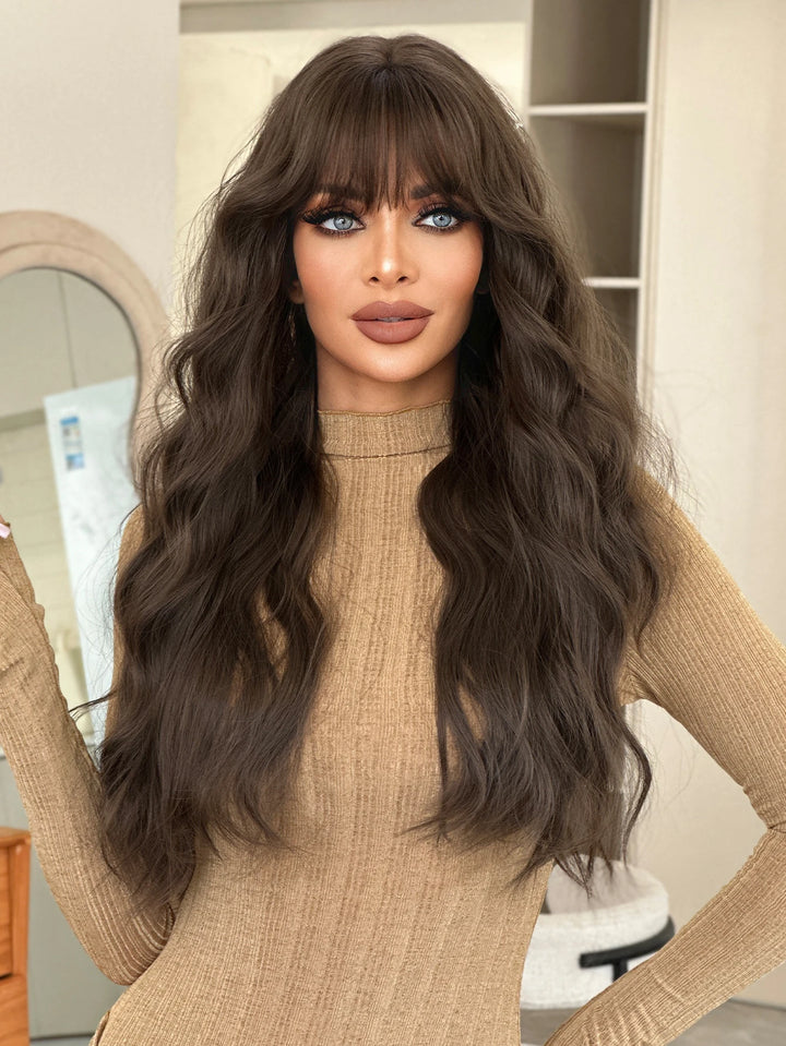 30-inch Extra Long Brown Curly Hair with Bangs Synthetic Matte Hair Wig for Women Heat Resistant